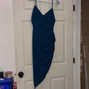 Teal sparkly cocktail dress with rhinestone band on back